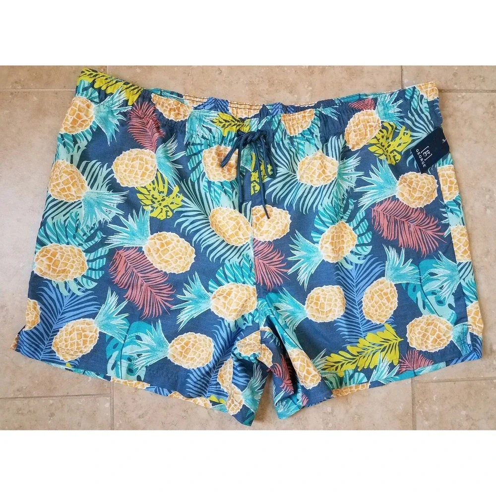 George Men Swim Shorts Trunks w/ Brief Pockets Pineapple Tropical 3X (48-50) NEW